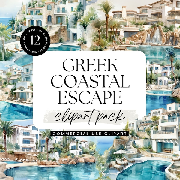 Watercolor Greek Coastal Resort, Greece Clipart, Travel Destination Clipart, Scrapbook, Wall Art, Mediterranean Clipart, European Vacation