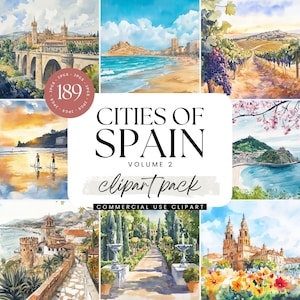 Watercolor Spain Clipart, Spanish Travel Illustration, Wall Art, Mediterranean, European City Graphics, Vacation, Tourist Destination