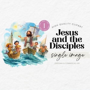 Op de afbeelding: Waterverfillustratie van Jezus en de discipelen op boten in de zee. De afbeelding toont Jezus met uitgestrekte armen, omringd door kinderen in boten. De tekst luidt "Jesus and the Disciples single image".