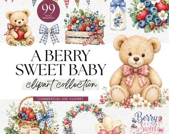 Può includere: Una collezione di clipart digitali intitolata A BERRY SWEET BABY con illustrazioni ad acquerello di orsacchiotti, fragole, mirtilli, biberon, ciucci, scarpine per neonati, un cesto di vimini, una cassetta di legno e festoni.