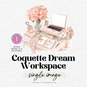 May include: Watercolor illustration of a pink laptop, books, and flowers on a white desk. A glass vase holds a bouquet of pink roses. The image includes the text "Coquette Dream Workspace single image".