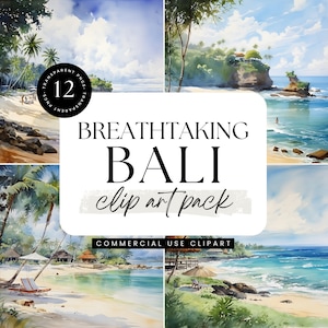 Bali Clipart Pack, kommerzielle Nutzung Strand Clipart, hochauflösende PNGs, Bali Indonesien Strand Aquarell, tropische Strand Landschaft Illustration