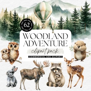 May include: Watercolor clipart pack featuring woodland animals like owls, a deer, a moose, and a raccoon with its baby. The image includes hot air balloons and forest scenery. Text reads "WOODLAND ADVENTURE clipart pack".