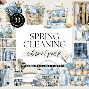 Frühjahrsputz Clipart, Aquarell Clipart Paket, Haushalt, Hausarbeit, frische, saubere Wäsche, Reinigungsmittel, Mutterleben, Aufkleber