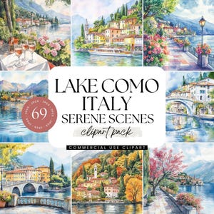Lake Como Clipart Pack, Watercolor Illustration, Italy Travel Art, European Destination Graphic, Coastal Landscape, Mediterranean Vacation