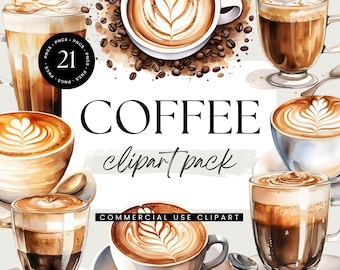 Clipart café aquarelle, pack de cliparts amateur de café, PNG transparents, usage personnel et commercial, graphismes de café, illustrations d'art latte