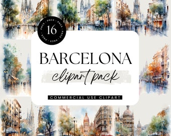 Watercolor Barcelona Spain Clipart, Travel Destination Clipart, Scrapbook Graphics, Wall Art, Commercial Use PNG, European City, Vacation