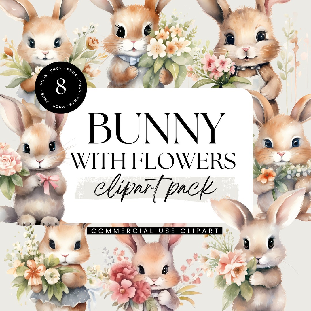 Watercolor Bunny With Flowers Clipart, Cute Nursery Clipart, Easter ...