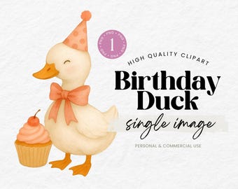 Watercolor Birthday Duck PNG Clipart with Party Hat Cupcake, Kids Decor, Teacher Resources, Printables Nursery Wall Art Journal Sticker