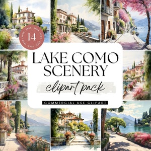 Watercolor Lake Como Italy Clipart, Travel Destination, Scrapbook Junk Journal Graphics, Wall Art, Mediterranean, European City, Vacation