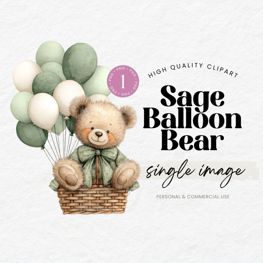 Sage Green Balloon Bear PNG, Watercolor Teddy in Basket, Gender Neutral ...