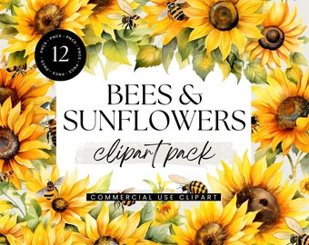 Bees and Sunflowers Clipart, Watercolor Clipart Pack, Transparent PNGs, Floral Clipart, Honeybee Clipart, Bride to bee, Sweet as can bee