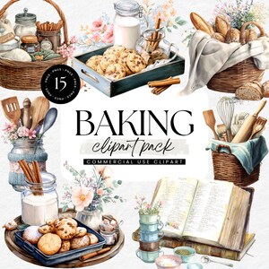 May include: Watercolor illustration of baking-themed elements. The image features baskets of bread, cookies, and baking tools. Jars of ingredients, flowers, and the text "BAKING clipart pack" are also included. The image has a rustic, vintage aesthetic.