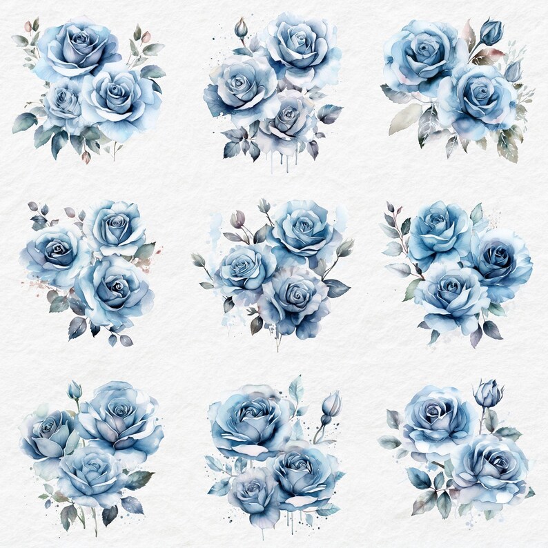 Dusty Blue Roses Clipart Pack, Floral Watercolor Illustration Graphics ...