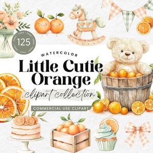 Puede incluir: Colección de clipart de acuarela de 125 lindas ilustraciones de naranjas. La colección incluye naranjas, rodajas de naranja, un caballito de balancín, un osito de peluche, un cupcake, un pastel, una caja de madera y un lazo. El texto "Little Cutie Orange clipart collection" y "Commercial Use Clipart" está incluido en la imagen.
