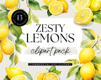 May include: Watercolor clipart pack of 13 lemons, with some lemons sliced in half, and some whole lemons. The lemons are yellow and green, and the background is a light gray. The text "Zesty Lemons clipart pack" is written in black on a white background.