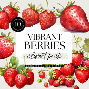 Strawberries Clipart, Watercolor Clipart Pack, Transparent PNGs, Personal & Commercial Use, Invitation Clipart, Fruits Clipart, Berries PNG
