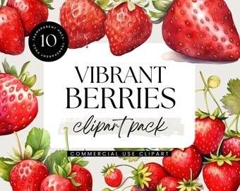 Strawberries Clipart, Watercolor Clipart Pack, Transparent PNGs, Personal & Commercial Use, Invitation Clipart, Fruits Clipart, Berries PNG