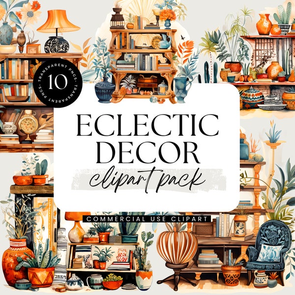 Eclectic Decor, Watercolor Clipart Pack, Transparent PNGs, Personal and Commercial Use, Interior Design, Home Decor, Bohemian Style