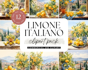 Italian Lemons Clipart, Watercolor Graphics Pack, Italy Scenery Lemon, Zesty Fruits Clipart, Mediterranean City, Travel Destination