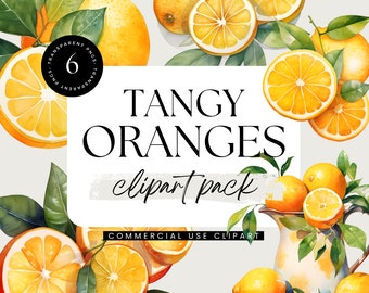 May include: A digital clipart pack of 6 watercolor illustrations of oranges. The oranges are depicted in various stages of ripeness, with some whole and others sliced. The illustrations are set against a white background and feature green leaves.