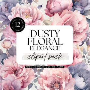 Dusty Pink and Purple Flowers Clipart, Watercolor Clipart Pack, Transparent PNGs, Personal and Commercial Use, Wedding Invitation Clipart