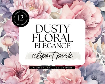 May include: Dusty Floral Elegance clipart pack with 12 transparent PNGs. Watercolor floral illustrations in shades of pink, purple, and gray. Commercial use clipart.