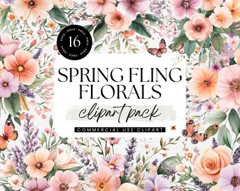Spring Floral Clipart, Watercolor Peach Lavender Flowers, Pastel Botanical Art, Cottagecore Wedding Invitation Graphic, Junk Journal PNG
