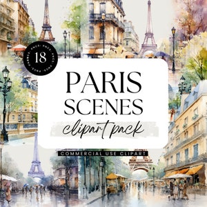 Watercolor Paris France Clipart, Travel Destination Clipart, Scrapbook Graphics, Wall Art, Eiffel Tower Clipart, European City, Vacation