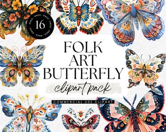 Può includere: Un set di 16 immagini clipart digitali di farfalle colorate di arte popolare. Le farfalle hanno motivi e disegni intricati in tonalità di blu, rosso, giallo e verde. Il testo "FOLK ART BUTTERFLY clipart pack" è scritto in bianco su uno sfondo bianco.