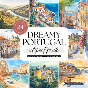 Aquarel Portugal clipart, reisbestemming illustratie, scrapbook graphics, kunst aan de muur, Lissabon Porto Sintra, Europees, vakantie, toerisme