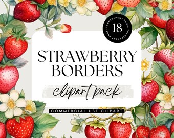 Strawberry Border Clipart, Watercolor Clipart Pack, Transparent PNGs, Personal & Commercial Use, Invitation Clipart, Fruits PNG