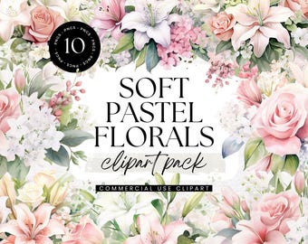 Clipart fleurs pastel doux, pack de cliparts aquarelle, PNG transparents, bouquet de fleurs rose cendré, Clipart faire-part de mariage, fleurs printanières