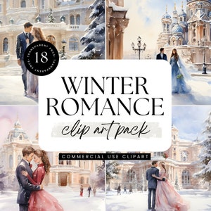 Winter Romance Watercolor Clipart Pack, Winter Wedding Invitation Graphics PNG, Kazan Russia Europe, Commercial Use, Romantic Bride & Groom