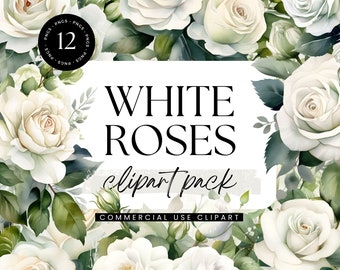 White Roses Clipart, Floral Watercolor Clipart Pack, Transparent PNGs, Personal  Commercial Use, Invitation Clipart, White Elegant Flowers