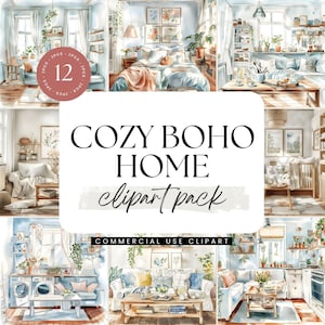 Boho Home Interior Clipart, Cozy Boho Home Decor, Watercolor Clipart, Scrapbook Graphics, Rustic Style Home, Farmhouse, Eclectic Home Decor
