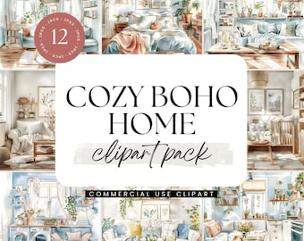 Boho Home Interior Clipart, Cozy Boho Home Decor, Watercolor Clipart, Scrapbook Graphics, Rustic Style Home, Farmhouse, Eclectic Home Decor