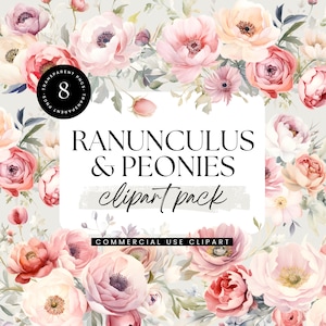 Ranunkeln & Pfingstrosen Blumen Clipart, Aquarell Clipart Pack, transparente PNGs, persönliche und kommerzielle Nutzung, Hochzeitseinladung Clipart