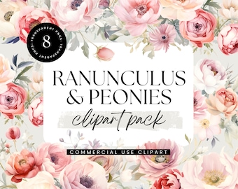 Ranunculus & Peonies Flowers Clipart, Watercolor Clipart Pack, Transparent PNGs, Personal and Commercial Use, Wedding Invitation Clipart