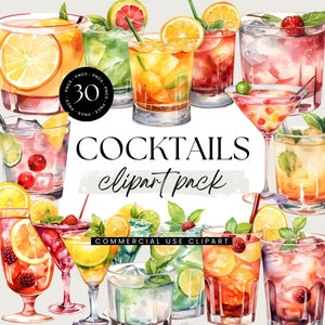Clipart cocktails, pack de cliparts aquarelle, cocktail, PNG transparents, boissons aux fruits d'été, cocktail signature, menu de bar, barman
