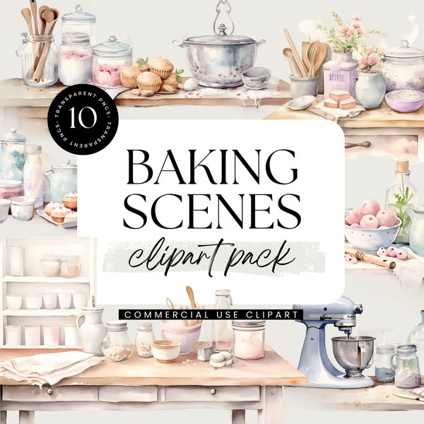 Baking Clipart, Watercolor Clipart Pack, Transparent PNGs, Personal and Commercial Use, Kitchen, Baking Supplies, Culinary, Cooking