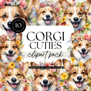 Op de afbeelding: Een digitaal clipart-pakket met tien aquarel-illustraties van corgi's die bloemenkransen dragen. De corgi's lachen allemaal en hebben verschillende gekleurde bloemenkransen. De tekst "Corgi Cuties clipart pack" staat in het zwart op een witte achtergrond. De tekst "Commercial Use Clipart" staat in het zwart op een witte achtergrond.