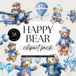 Aquarelle Teddy Bear Clipart Pack, Utilisation commerciale, PNG transparent, Baby Shower pour un garçon, Invitation à une fête, Can’t Bearly Wait, Nursery Art