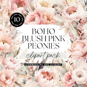 Boho Blush Pfingstrosen Clipart, Aquarell Clipart Paket, transparente PNGs, Dusty Pink Pfingststrauß, Hochzeitseinladung Clipart, Frühlingsblumen