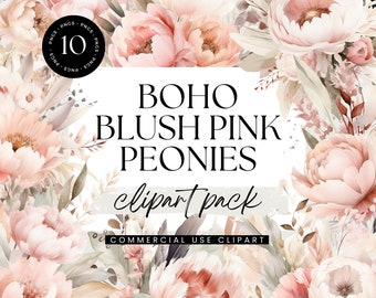 May include: A digital clipart pack of 10 blush pink peonies with a boho aesthetic. The flowers are watercolor-style and have a soft, romantic feel. The text "BOHO BLUSH PINK PEONIES clipart pack COMMERCIAL USE CLIPART" is included in the image.