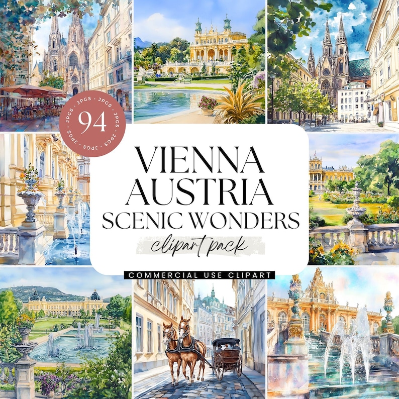 Vienna Graphics Vienna Clipart Pack, Watercolor Illustrations, Austria Travel Art ...