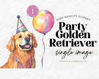 Clipart di compleanno con Golden Retriever, palloncino, PNG per inviti e cancelleria, decorazioni da parete per bambini, sublimazione, illustrazione di cagnolino.