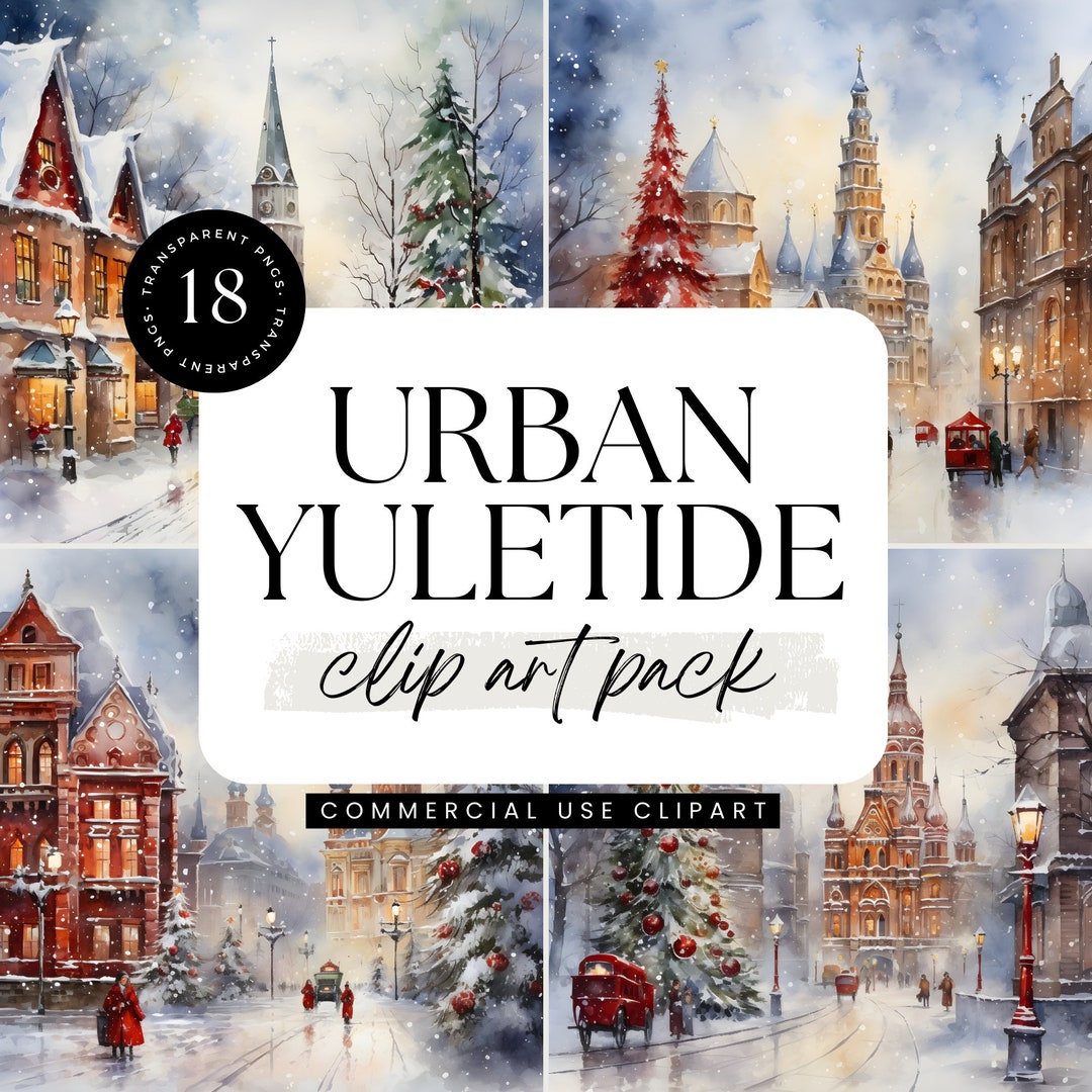 Urban Yuletide Watercolor Clipart Pack, Christmas Graphics PNG ...