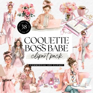 Puede incluir: Pack de imágenes prediseñadas digitales "COQUETTE BOSS BABE" con ilustraciones de mujeres con atuendos rosas, con accesorios como computadoras portátiles, flores y tazas de café. El paquete incluye 38 imágenes PNG para uso comercial.