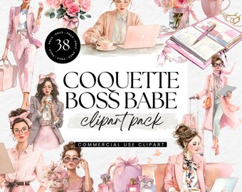 May include: A digital clipart pack titled "COQUETTE BOSS BABE" featuring illustrations of women in pink outfits, with accessories like laptops, flowers, and coffee cups. The pack includes 38 PNG images for commercial use.